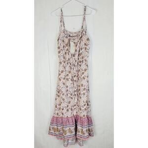 New Indulge pink floral tie waist button front maxi dress Size XL Boho Cottage